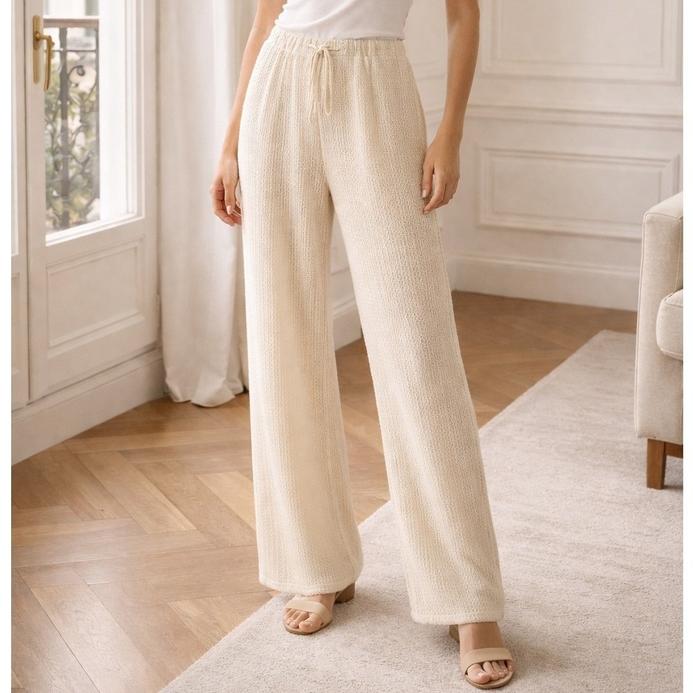 Sabo Cream Knit Wide Leg Pull On Pants Cover Up Drawstring Waist Stretch Size 6